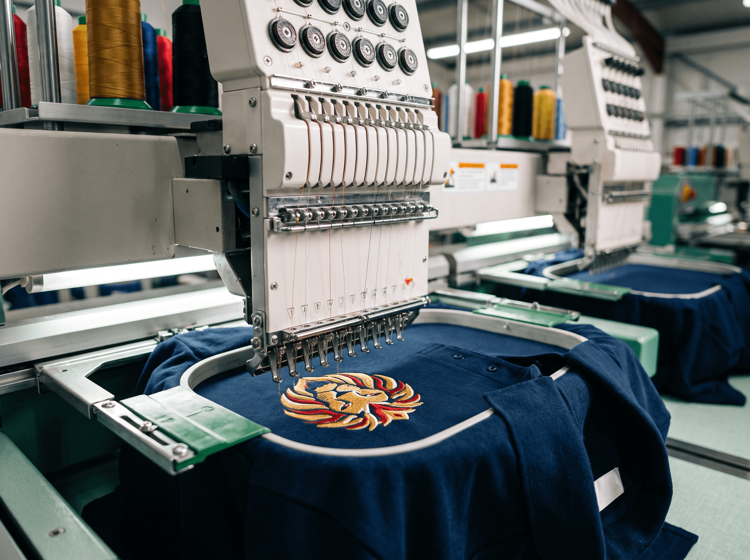 Embroidery machine stitching logos onto workwear for Basingstoke customers