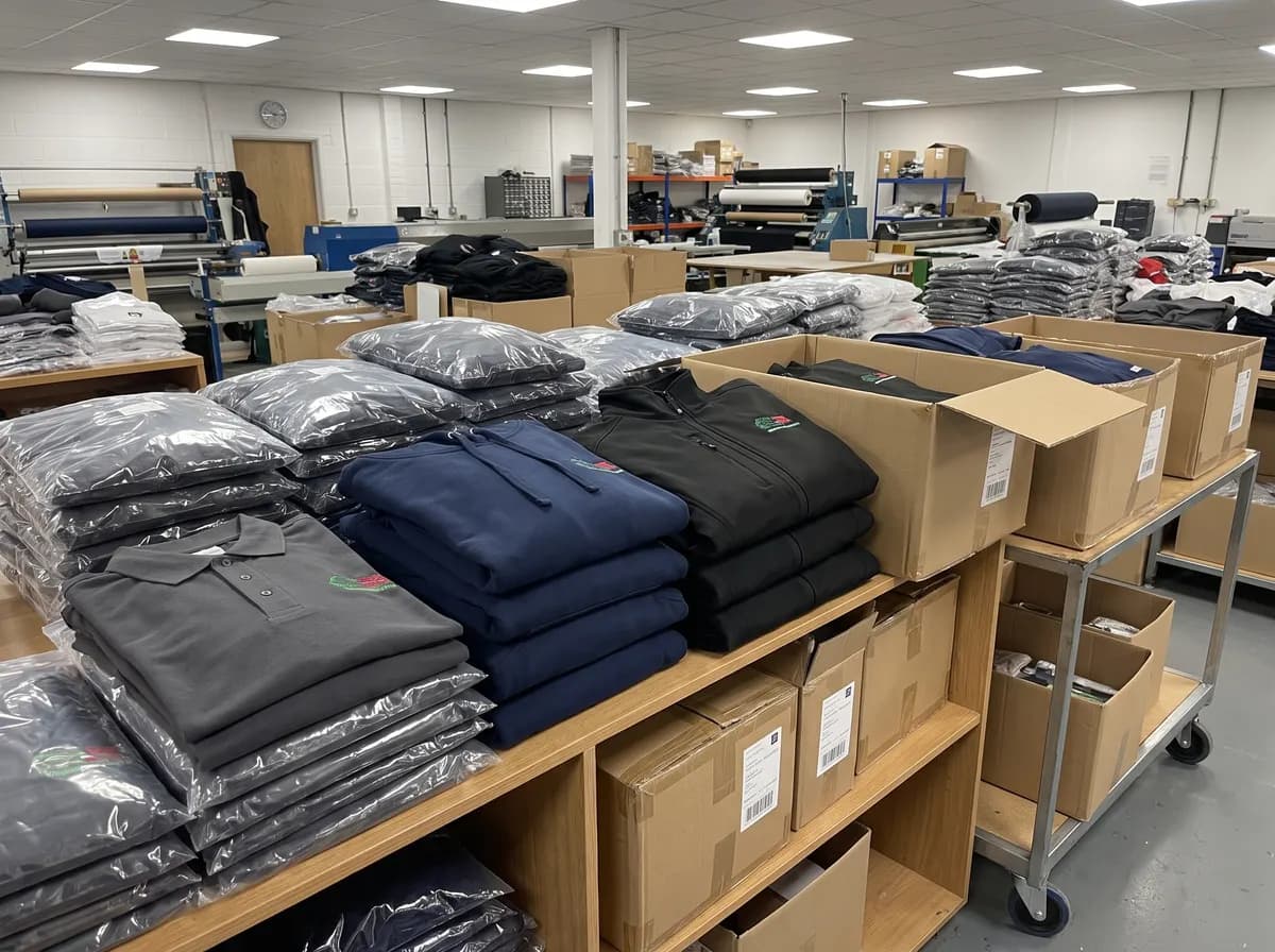 Printed and embroidered workwear prepared for Basingstoke and Hampshire delivery